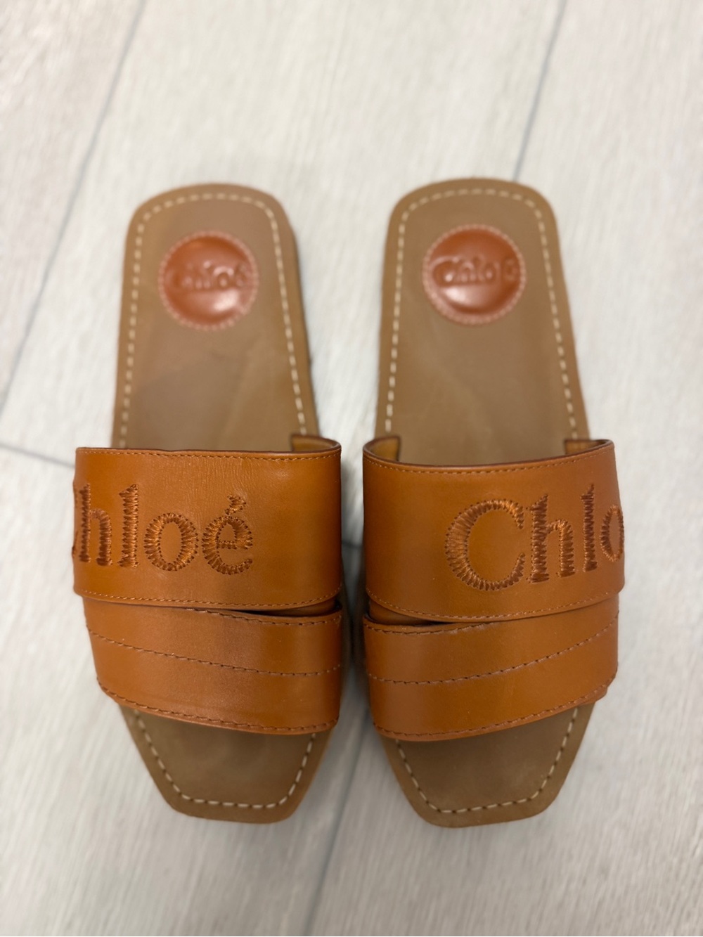 Chloe Woody Tan Leather Slide Sandals - Size 37